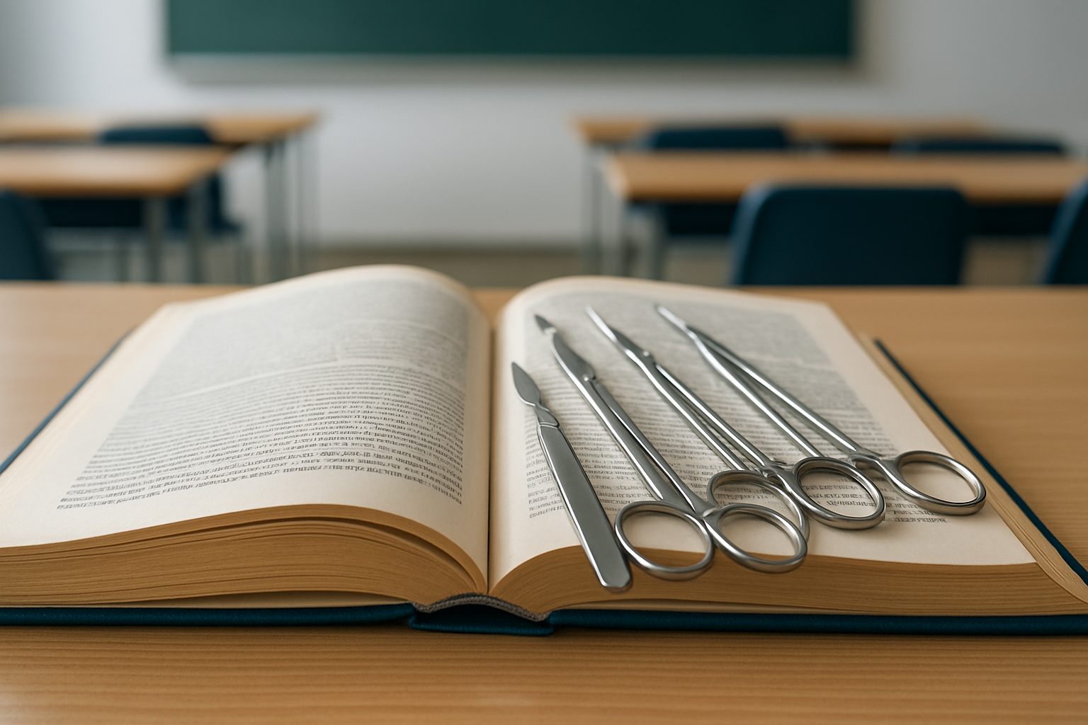An open medical textbook lying on a desk with surgical tools placed alongside it, in an empty classroom setting.