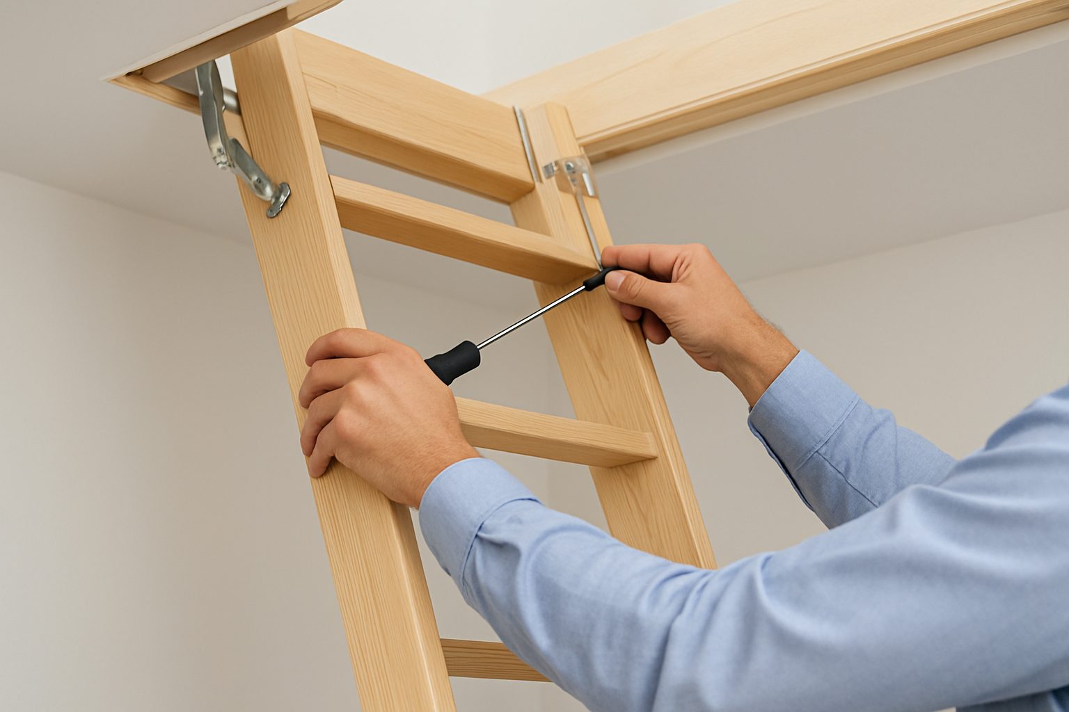 Close-up of hands using a screwdriver to install a loft ladder