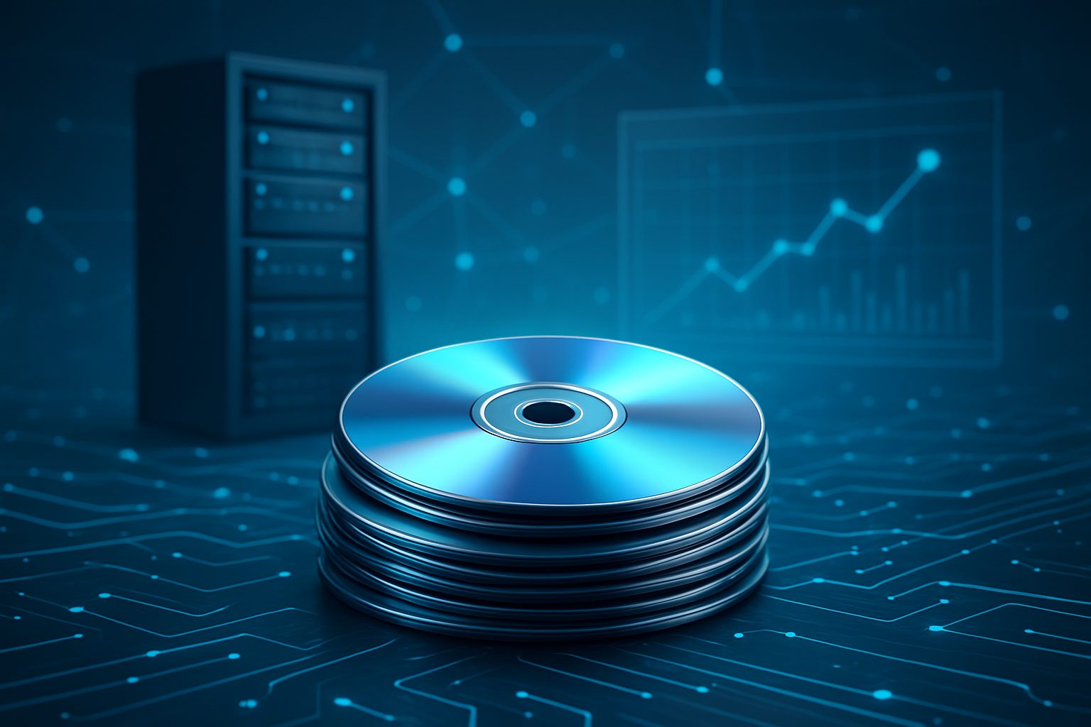 stack of shiny CDs with a digital server background
