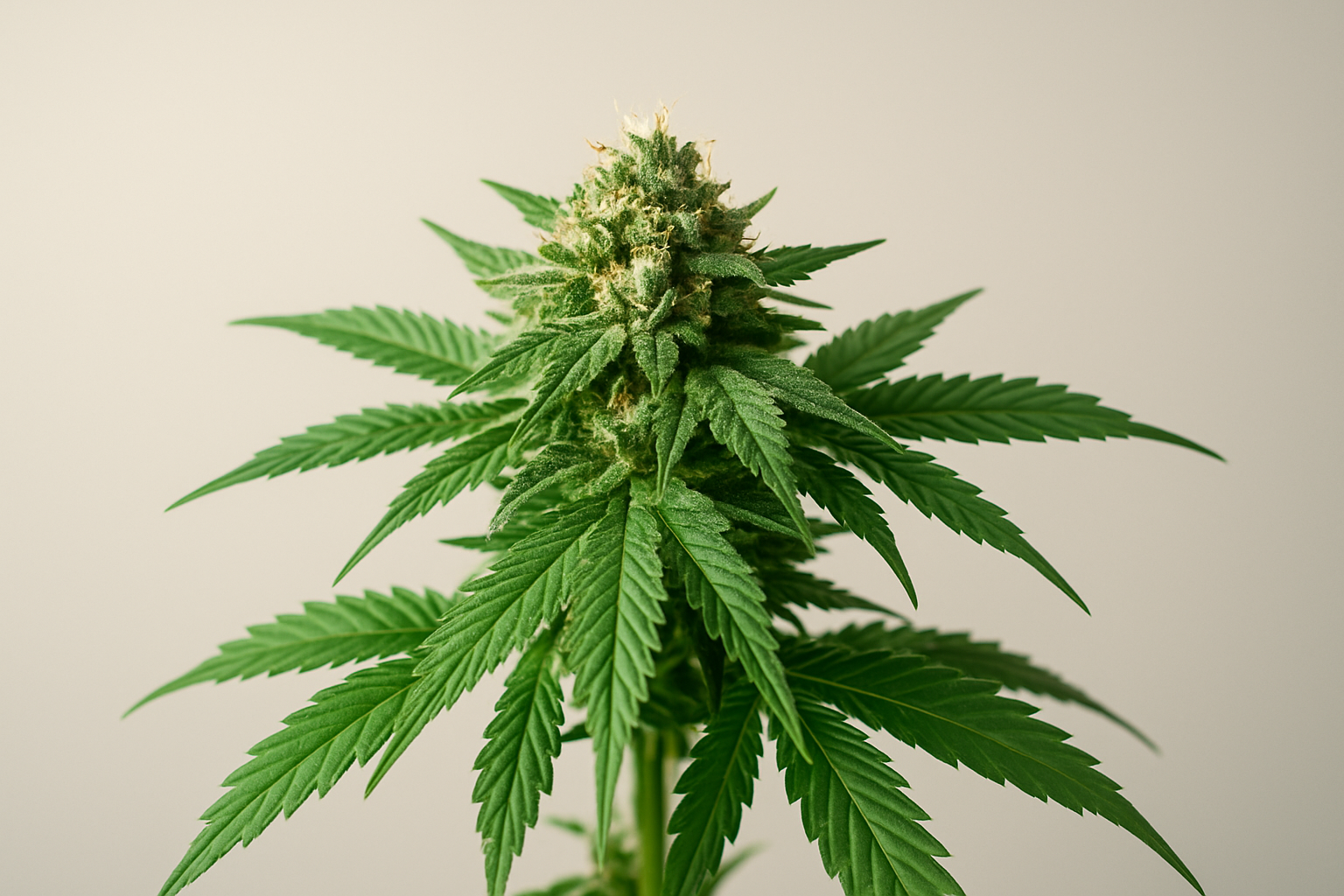 close-up of a cannabis sativa plant showing its distinctive tall leaves and dense buds